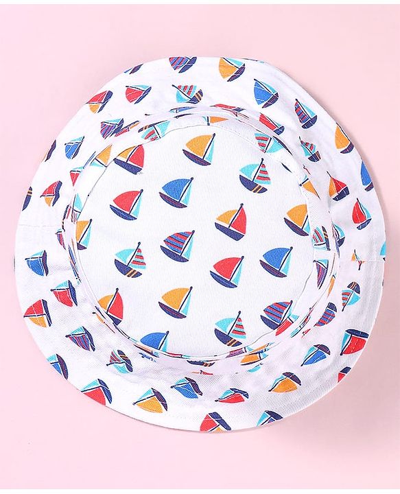 Babyhug Cotton Woven Bucket Hat With Boat Print White - Diameter 17