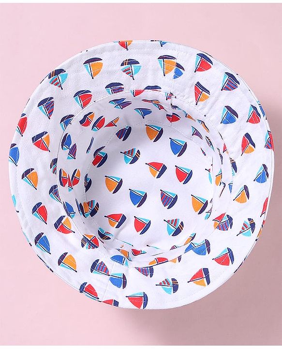 Babyhug Cotton Woven Bucket Hat With Boat Print White - Diameter 17