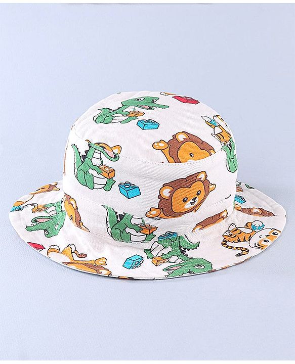Babyhug Cotton Woven Two Layer Bucket Hat Animals Print White -Diameter 16 cm