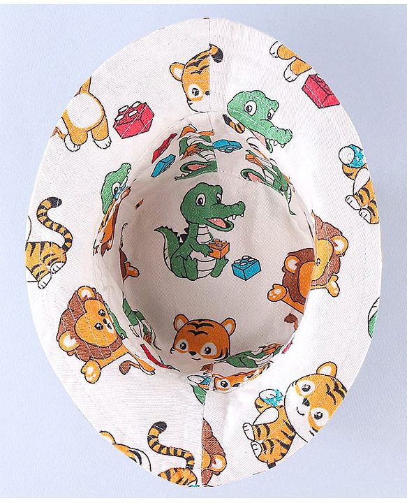 Babyhug Cotton Woven Two Layer Bucket Hat Animals Print White -Diameter 16 cm
