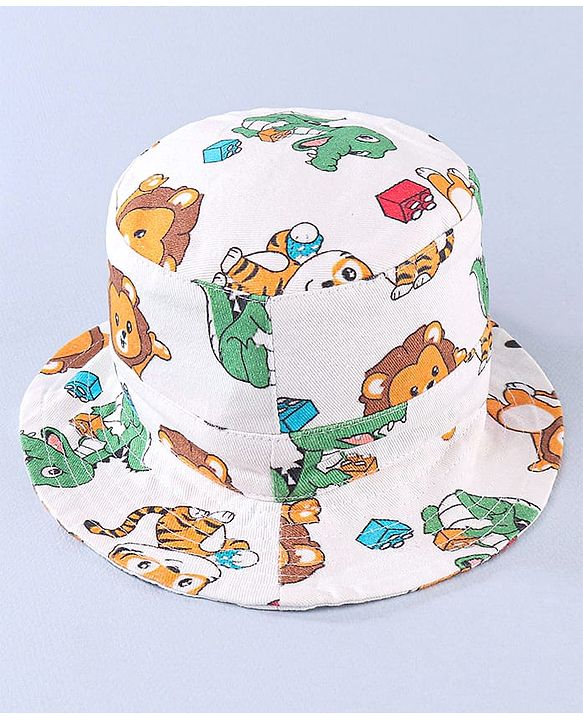 Babyhug Cotton Woven Two Layer Bucket Hat Animals Print White - 17 cm