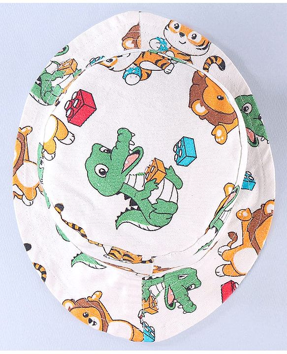 Babyhug Cotton Woven Two Layer Bucket Hat Animals Print White - 17 cm