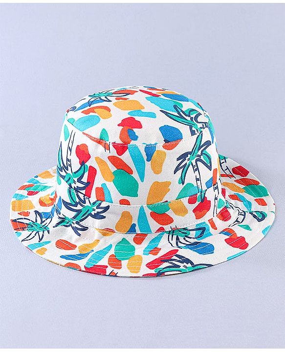 Babyhug Cotton Woven Two Layer Bucket Hat with Coconut Tree Print White - Diameter 17 cm