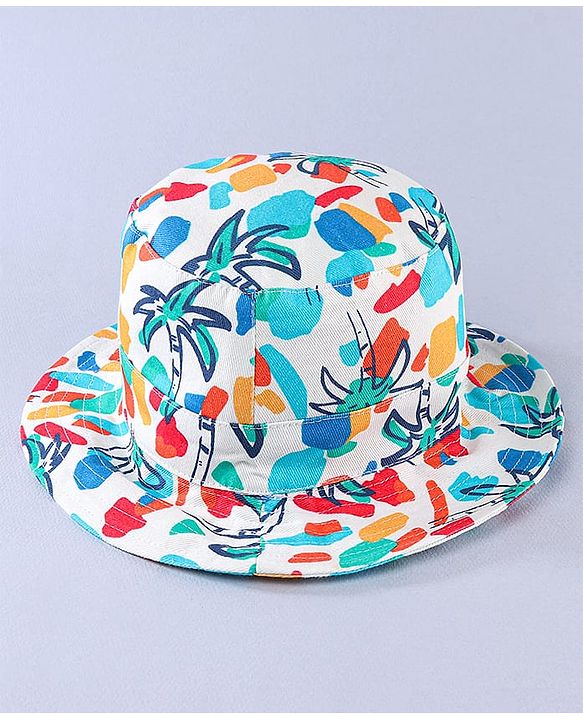 Babyhug Cotton Woven Two Layer Bucket Hat with Coconut Tree Print White - Diameter 17 cm