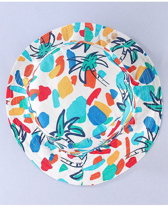 Babyhug Cotton Woven Two Layer Bucket Hat with Coconut Tree Print White - Diameter 17 cm