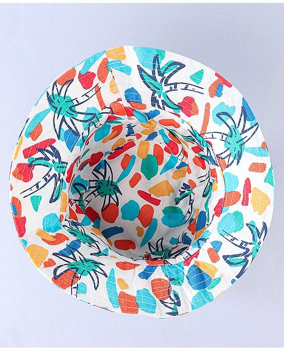 Babyhug Cotton Woven Two Layer Bucket Hat with Coconut Tree Print White - Diameter 17 cm