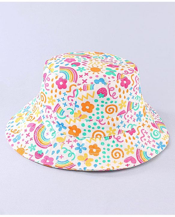 Babyhug Cotton Woven Two Layer Bucket Hat Rainbow Print White -Diameter  16 cm