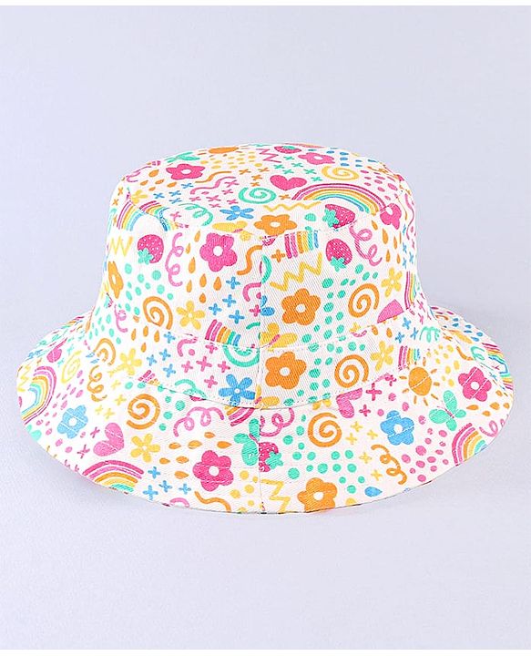 Babyhug Cotton Woven Two Layer Bucket Hat Rainbow Print White -Diameter  17 cm