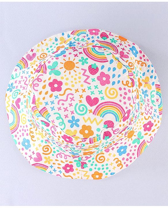 Babyhug Cotton Woven Two Layer Bucket Hat Rainbow Print White -Diameter  17 cm