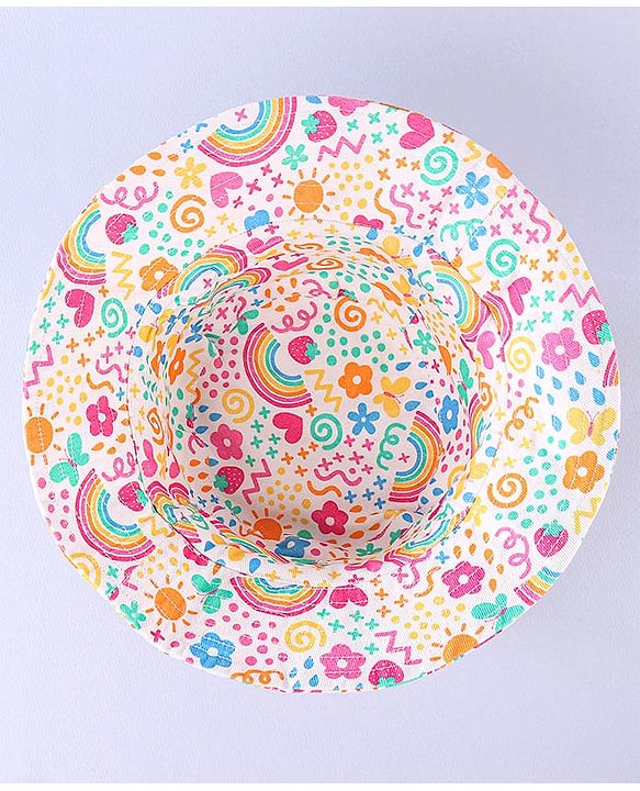 Babyhug Cotton Woven Two Layer Bucket Hat Rainbow Print White -Diameter  17 cm