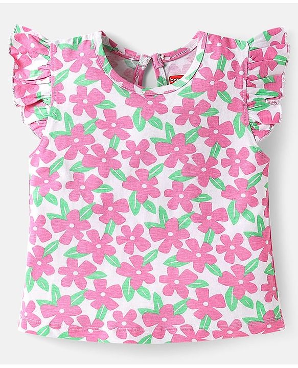 Babyhug Cotton Knit Frill Sleeves T-Shirts with Polka Dots & Floral Print Pack of 3 - Light Green & Pink