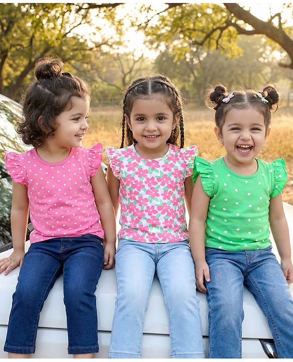 Babyhug Cotton Knit Frill Sleeves T-Shirts with Polka Dots & Floral Print Pack of 3 - Light Green & Pink