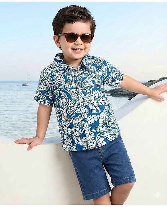 Babyhug Cotton Woven Half Sleeves Shirt & Denim Shorts With Zebra & Flamingo Print - Blue