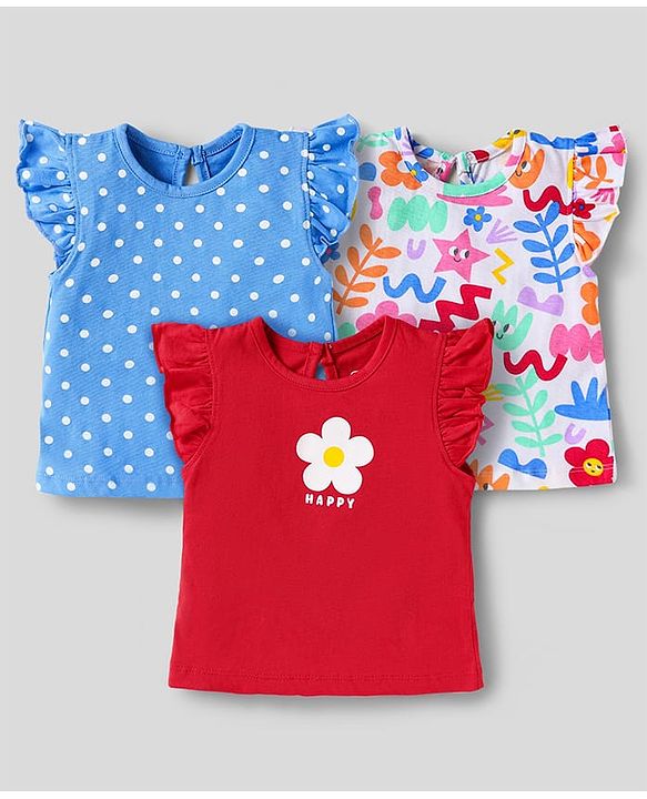 Babyhug Cotton Knit Frill Sleeves T-Shirts With Floral & Polka Dot Print Pack Of 3 - Red & Blue