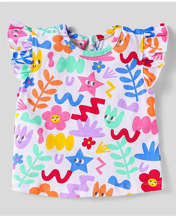 Babyhug Cotton Knit Frill Sleeves T-Shirts With Floral & Polka Dot Print Pack Of 3 - Red & Blue