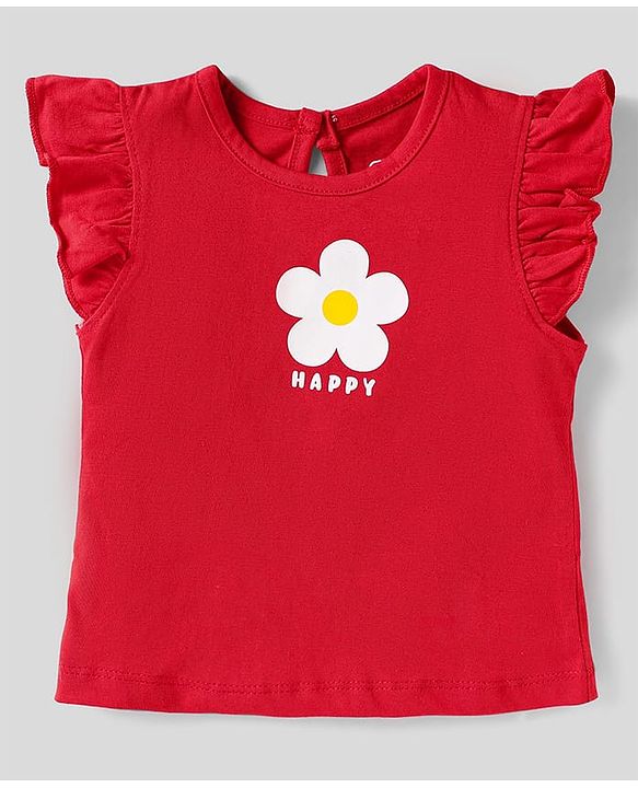 Babyhug Cotton Knit Frill Sleeves T-Shirts With Floral & Polka Dot Print Pack Of 3 - Red & Blue