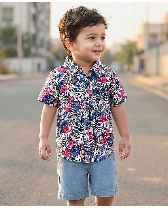 Babyhug Cotton Woven Half Sleeves Shirt & Short Set With Leaves Print - Blue