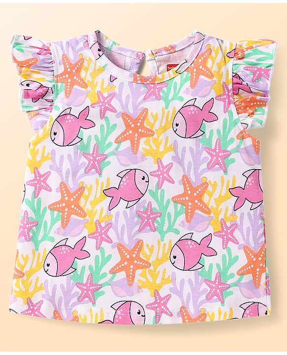 Babyhug Cotton Knit Frill Sleeves T-Shirts With Polka Dot & Sea Life Print Pack Of 3 - Pink & Purple