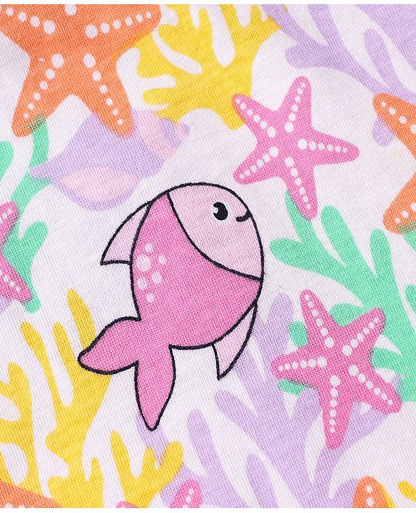 Babyhug Cotton Knit Frill Sleeves T-Shirts With Polka Dot & Sea Life Print Pack Of 3 - Pink & Purple