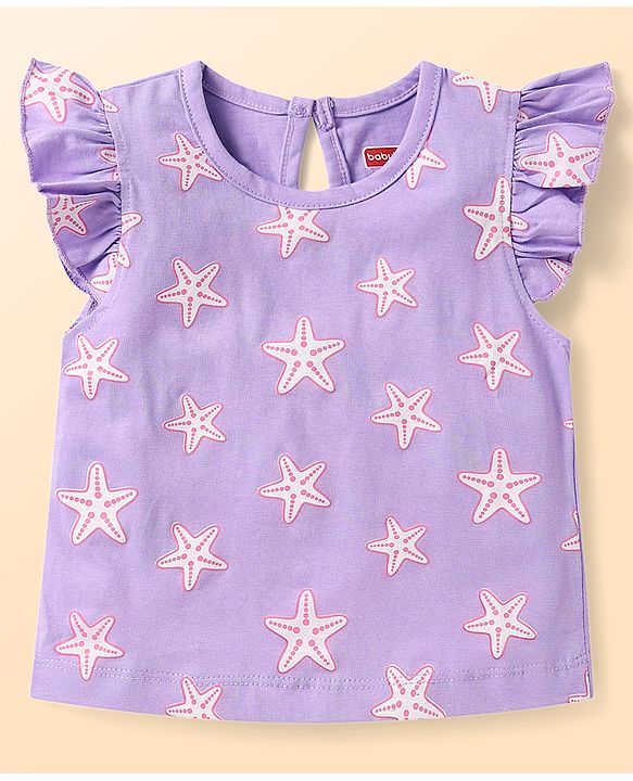 Babyhug Cotton Knit Frill Sleeves T-Shirts With Polka Dot & Sea Life Print Pack Of 3 - Pink & Purple