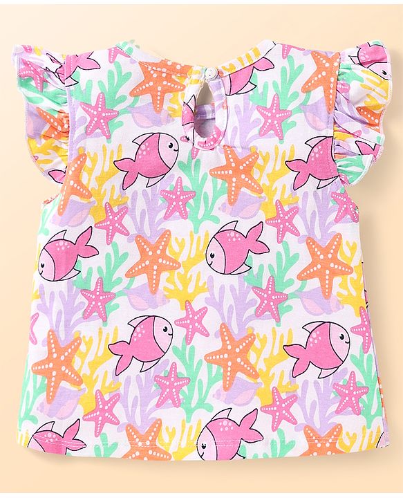 Babyhug Cotton Knit Frill Sleeves T-Shirts With Polka Dot & Sea Life Print Pack Of 3 - Pink & Purple