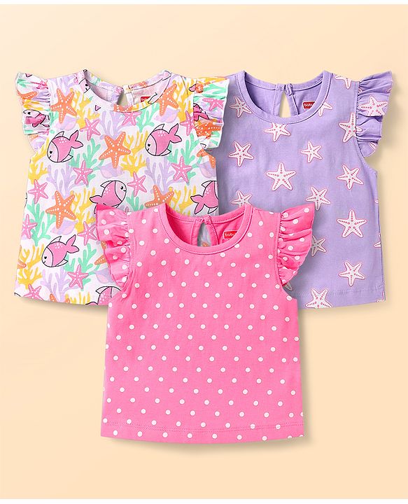 Babyhug Cotton Knit Frill Sleeves T-Shirts With Polka Dot & Sea Life Print Pack Of 3 - Pink & Purple