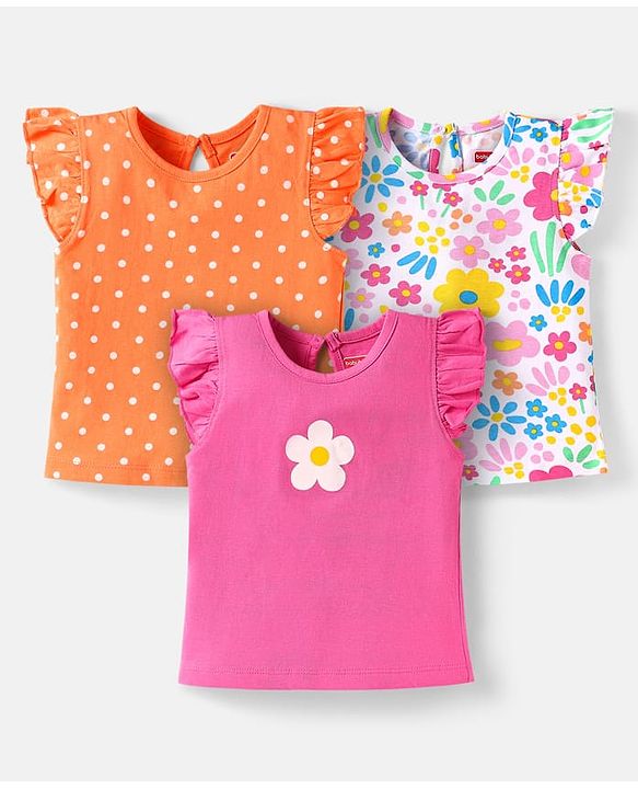 Babyhug Cotton Knit Frill Sleeves T-Shirts with Polka Dots & Floral Print Pack of 3 - Orange & Pink