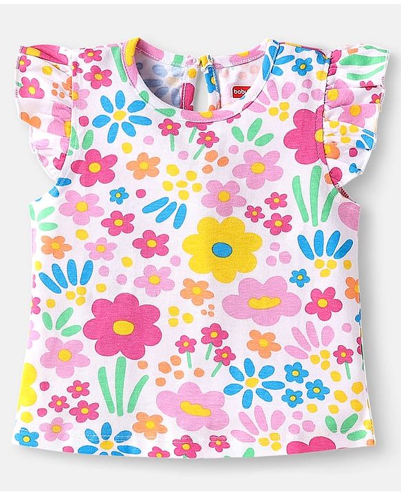 Babyhug Cotton Knit Frill Sleeves T-Shirts with Polka Dots & Floral Print Pack of 3 - Orange & Pink