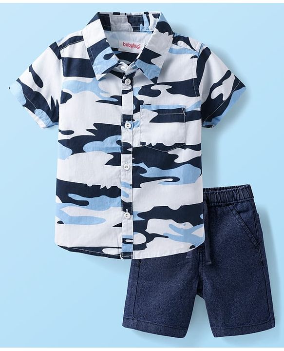 Babyhug Cotton Woven Half Sleeves Camouflage Shirt & Denim Shorts Set - Navy Blue