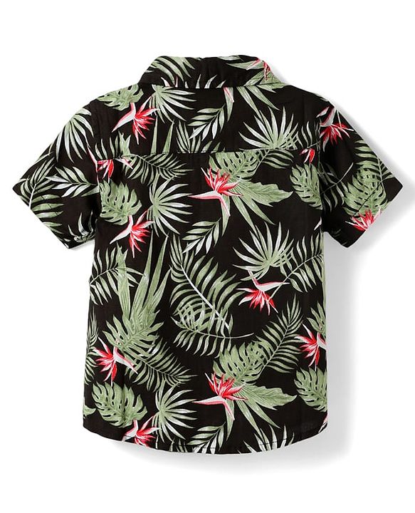 Babyhug Cotton Woven Half Sleeves Shirt & Denim Shorts Set with Leaves Print - Black