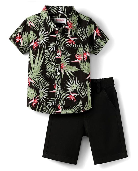 Babyhug Cotton Woven Half Sleeves Shirt & Denim Shorts Set with Leaves Print - Black