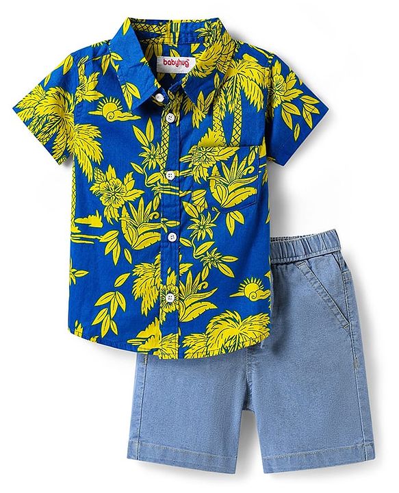 Babyhug Cotton Woven Half Sleeves Shirt & Denim Shorts Set with Floral Print - Blue