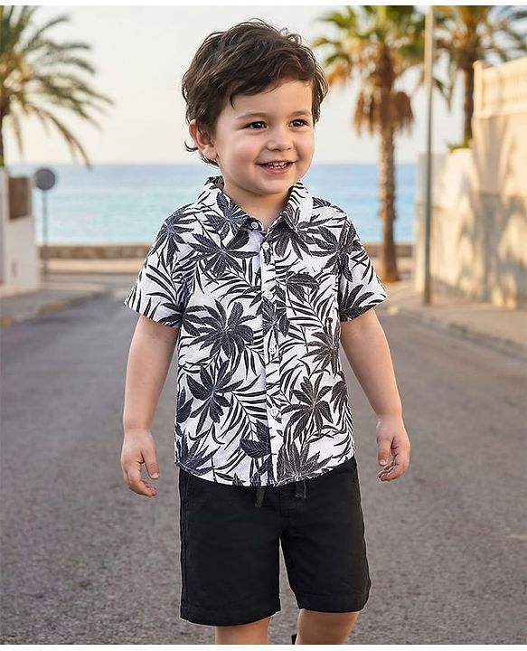 Babyhug Cotton Woven Half Sleeves Shirt & Denim Shorts Set with Leaves Print - Black