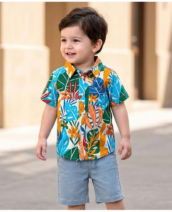 Babyhug Cotton Woven Half Sleeves Shirts and Shorts Set with Leaves Print - Light Blue