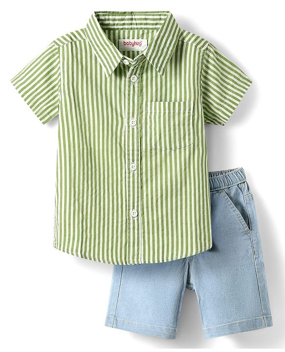 Babyhug Cotton Woven Half Sleeves Shirts and Shorts Set with Stripes - Light Green