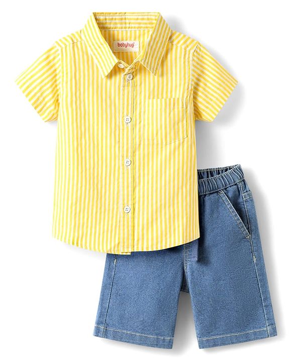 Babyhug Cotton Woven Half Sleeves Striped Shirt & Denim Shorts Set - Yellow & Blue
