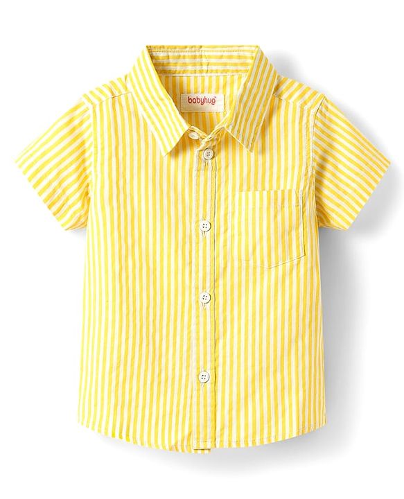 Babyhug Cotton Woven Half Sleeves Striped Shirt & Denim Shorts Set - Yellow & Blue