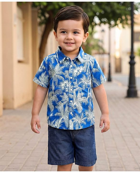 Babyhug Cotton Woven Half Sleeves Shirt & Denim Shorts Set With Tree Print - Blue