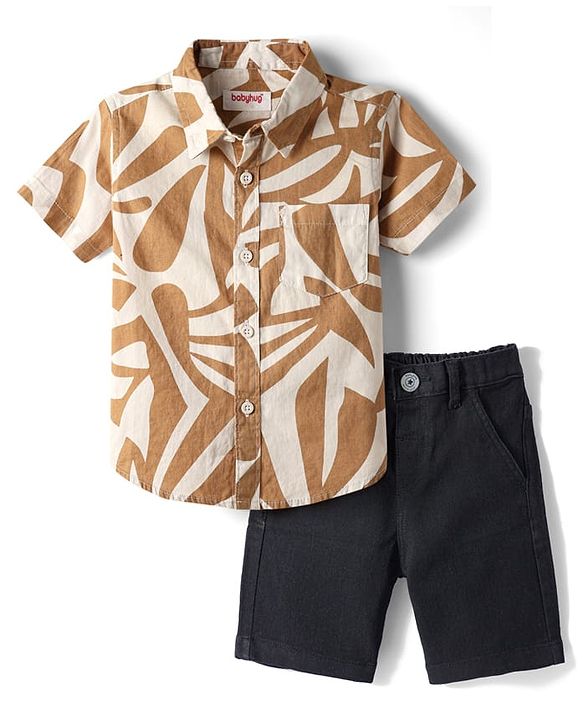 Babyhug Cotton Woven Half Sleeves Shirts and Shorts Set With Abstract Print - Tan & Black