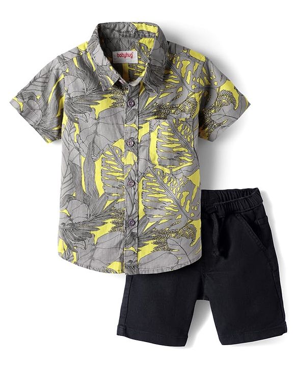 Babyhug Cotton Woven Half Sleeves Shirt & Denim Shorts Set With Leaf Print - Grey & Black