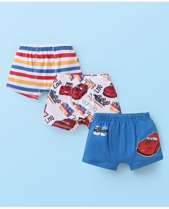 Babyhug Disney Single Jersey Knit Trunks with Stripes & Cars Print Pack Of 3 - Red White & Blue