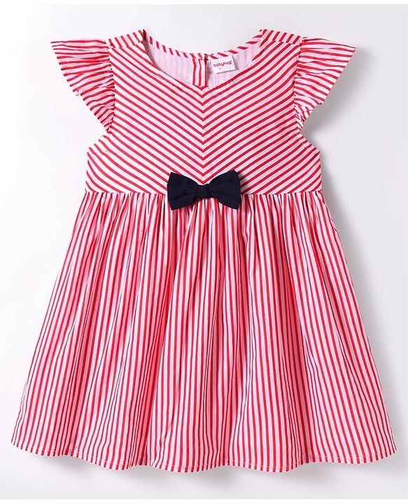 Babyhug Rayon Woven Cap Sleeves Striped Dress With Bow Applique - Red & White