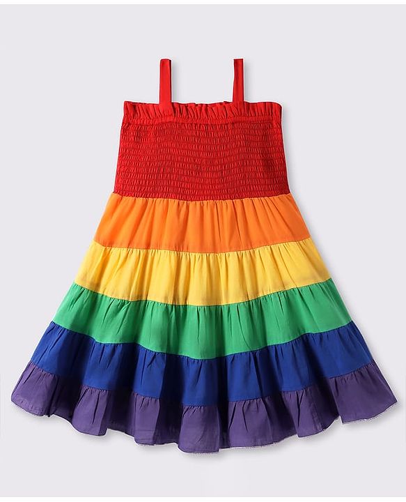 Babyhug 100% Cotton Woven Singlet Sleeves Tiered Frock with Smock Detailing - Red & Yellow