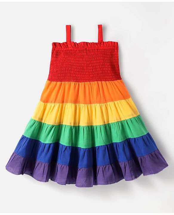 Babyhug 100% Cotton Woven Singlet Sleeves Tiered Frock with Smock Detailing - Red & Yellow