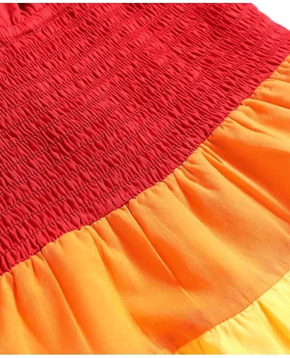 Babyhug 100% Cotton Woven Singlet Sleeves Tiered Frock with Smock Detailing - Red & Yellow