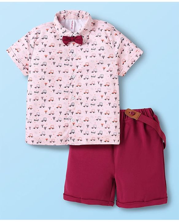 Babyhug Knit Half Sleeves Car Printed Shirt & Shorts Set with Bow & Suspender - Maroon & Light Pink