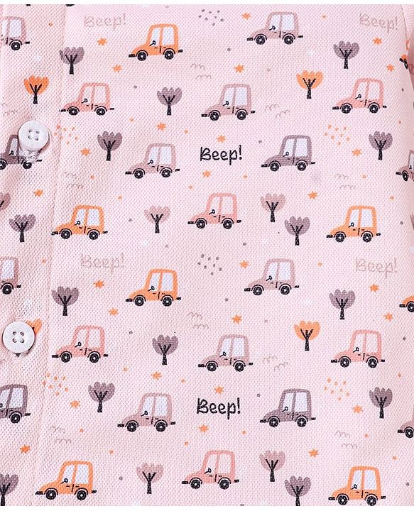 Babyhug Knit Half Sleeves Car Printed Shirt & Shorts Set with Bow & Suspender - Maroon & Light Pink