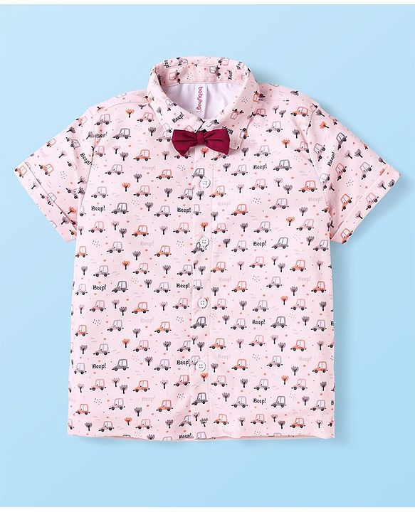 Babyhug Knit Half Sleeves Car Printed Shirt & Shorts Set with Bow & Suspender - Maroon & Light Pink