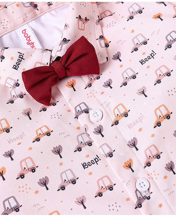Babyhug Knit Half Sleeves Car Printed Shirt & Shorts Set with Bow & Suspender - Maroon & Light Pink