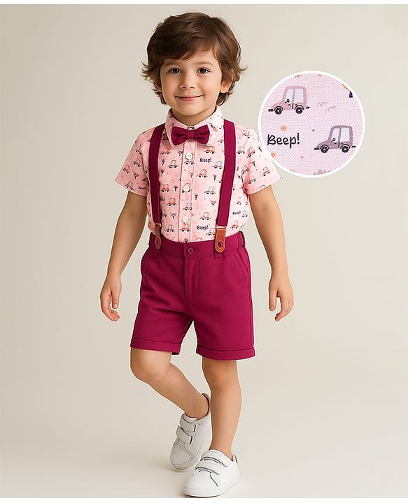 Babyhug Knit Half Sleeves Car Printed Shirt & Shorts Set with Bow & Suspender - Maroon & Light Pink